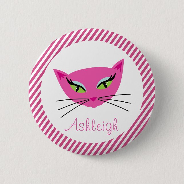 Custom Hot Pink Kitty with Stripes Pinback Button (Front)
