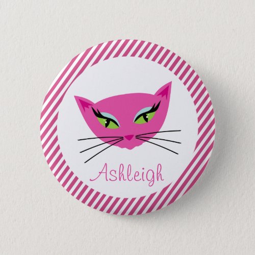 Custom Hot Pink Kitty with Stripes Pinback Button