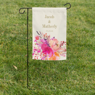 Custom Hot Pink Watercolor Floral Wedding Shower Garden Flag