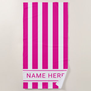 Custom HotPink White Striped Beach Towel with Name