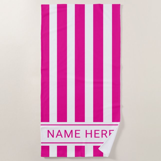 Custom HotPink White Striped Beach Towel with Name (Front)