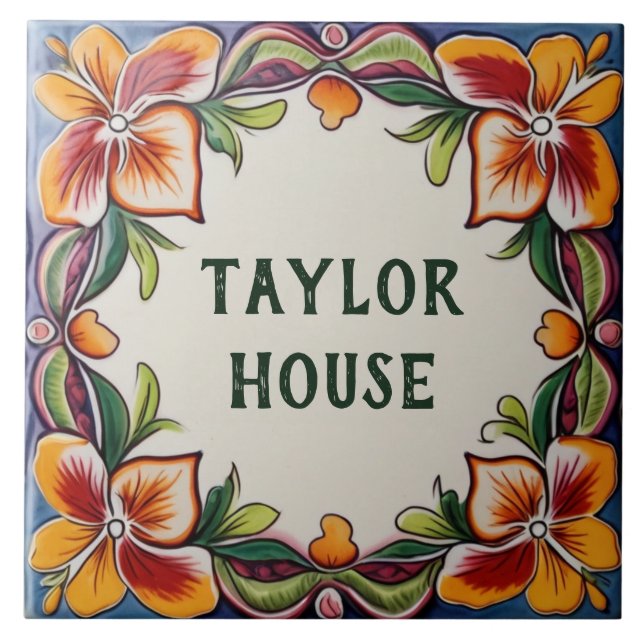 Custom House Name Plate Hawaiian Flowers Floral Ceramic Tile (Front)