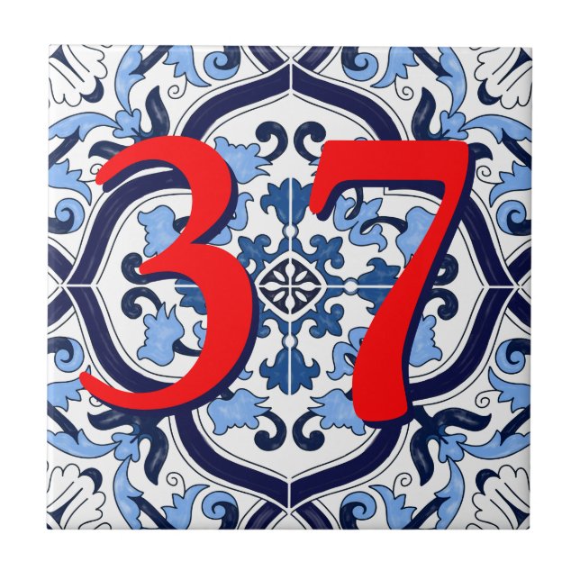 Custom House Number Blue Ornate Floral Sicilian Ceramic Tile (Front)