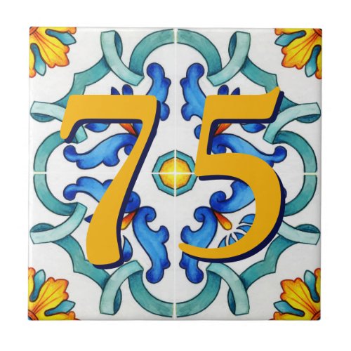 Custom House Number Floral Sicilian Ceramic Tile