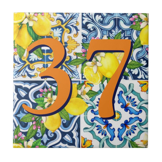 Custom House Number Floral Sicilian Lemon Ceramic Tile (Front)