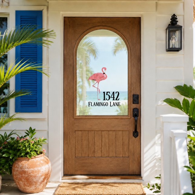 Custom House Number Street Name Pink Flamingo Window Cling (personalized house number street name window cling for tropical coastal residence or business)