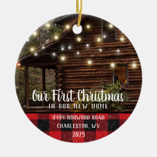 Custom House Photo First Xmas New Home Family Name Ceramic Ornament (Front)