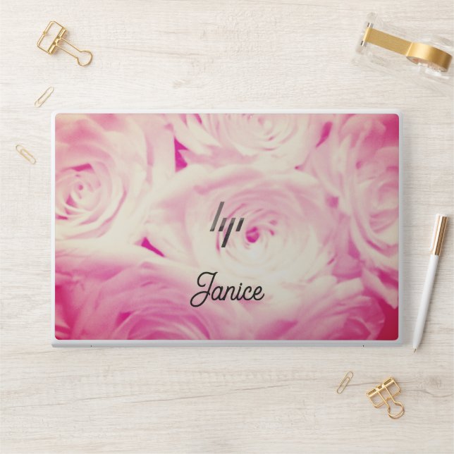 Custom HP laptop skin with pink rose flowers photo (Desk)