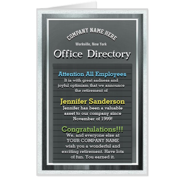 Custom Huge Retirement Card Office Directory (Front)