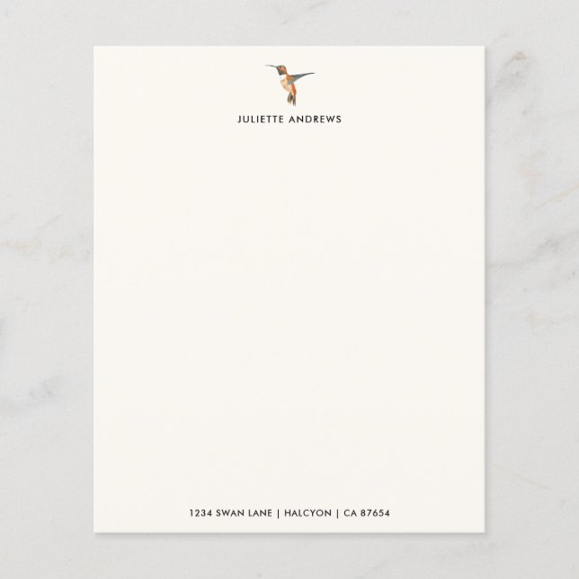 Custom Hummingbird Stationery Paper (Front)