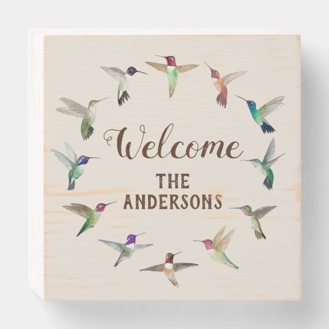 Custom Hummingbird Welcome Wooden Box Sign (Front Horizontal)