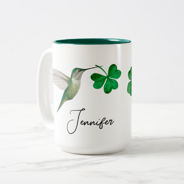 Custom Hummingbirds and Shamrocks Two-Tone Coffee Mug (Front Left)
