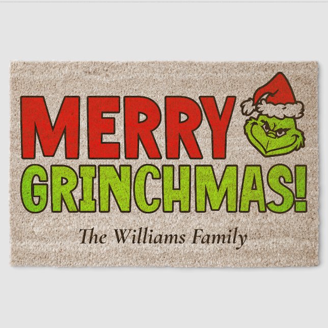 Custom Humorous Merry Grinchmas Red Green Coir Fiber Doormat (Front)