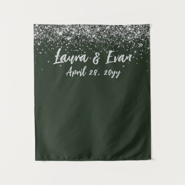 Custom Hunter Green Silver Wedding Photobooth Prop Tapestry (Front)