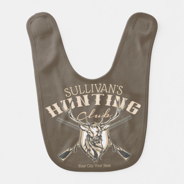 Custom Hunter NAME Deer Trophy Rifle Hunting Club Baby Bib (Front)