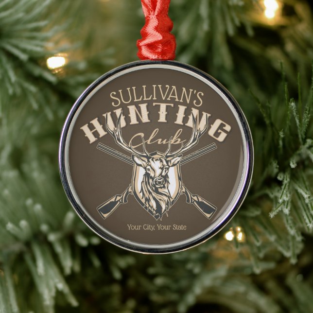 Custom Hunter NAME Deer Trophy Rifle Hunting Club Metal Ornament (Tree)