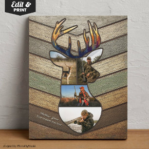 Custom Hunting Collage Deer Shaped Rustic Wood Faux Canvas Print
