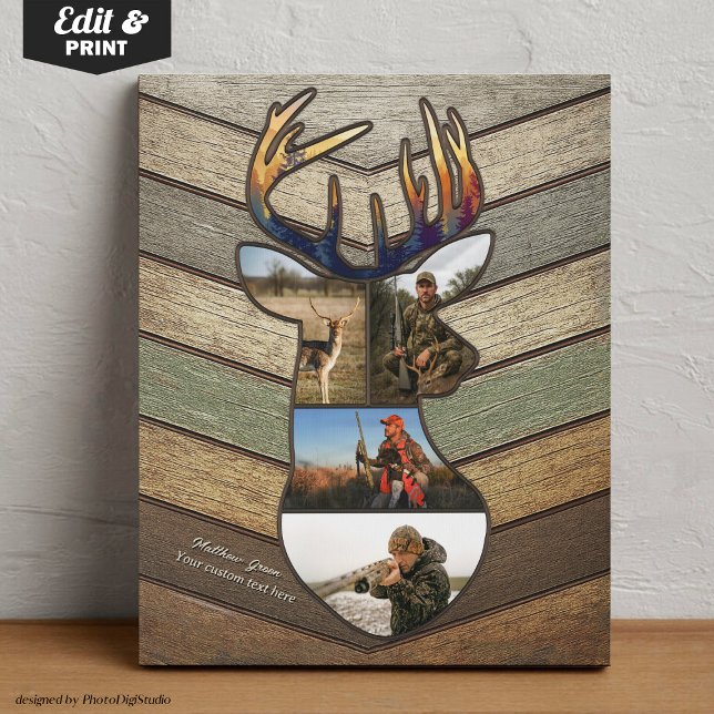 Custom Hunting Collage Deer Shaped Rustic Wood Faux Canvas Print (Custom Hunting Collage Deer Shaped Rustic Wood Faux Canvas Print)