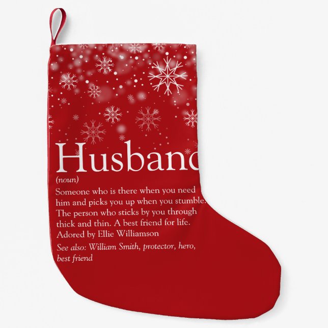 Custom Husband Definition Quote Holiday Snow Small Christmas Stocking (Front)