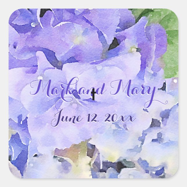 Custom Hydrangea Wedding Blue Lilac Square Sticker (Front)