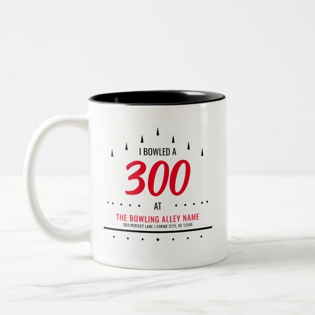 Custom "I BOWLED A 300" Bowling Alley Merch Two-Tone Coffee Mug (Left)