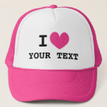 Custom I HEART trucker hat with pink love icon<br><div class="desc">Custom I HEART trucker hat with pink love icon. Make your own personalized cap with this blank template. Custom color heart with black typography.</div>