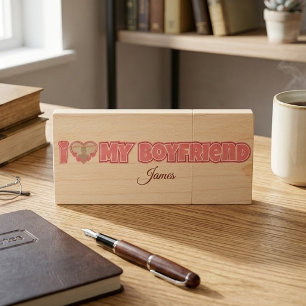 Custom I Love My Boyfriend – Add Photo & Name Wood Flash Drive