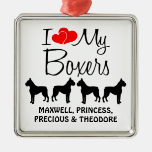 Custom I Love My Four Boxers Metal Ornament