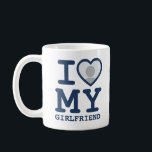 Custom I love my girlfriend photo text Coffee Mug<br><div class="desc">Create your own navy blue I Love My Girlfriend custom Photo and Text mug with this modern and funny shirt template featuring a cool slab serif font and girlfriend photo into a huge red heart. Add your own photo, your name or any personalized text. The "I love My Girlfriend" mugs...</div>