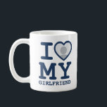 Custom I love my girlfriend photo text Coffee Mug<br><div class="desc">Create your own navy blue I Love My Girlfriend custom Photo and Text mug with this modern and funny shirt template featuring a cool slab serif font and girlfriend photo into a huge red heart. Add your own photo, your name or any personalized text. The "I love My Girlfriend" mugs...</div>