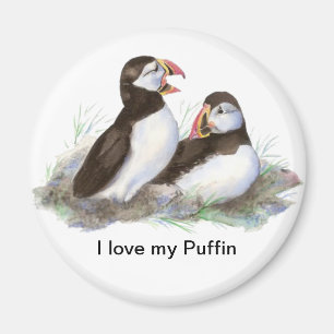 Custom "I love my Puffin", Cute Watercolor Puffins Magnet