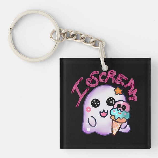 Custom "I Scream" Ghost with Ice Cream Cone Art Keychain (Front)