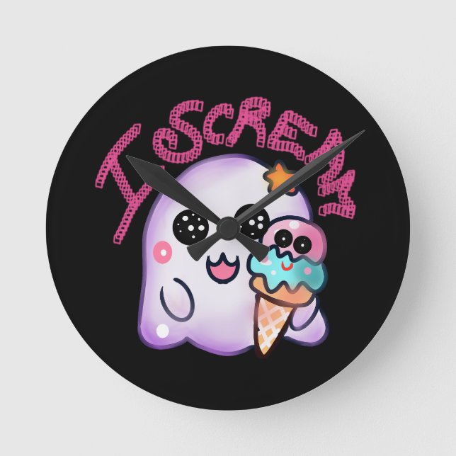 Custom "I Scream" Ghost with Ice Cream Cone Art Round Clock (Front)