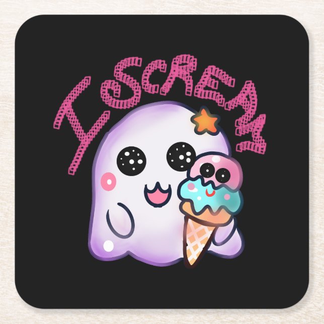 Custom "I Scream" Ghost with Ice Cream Cone Art Square Paper Coaster (Front)