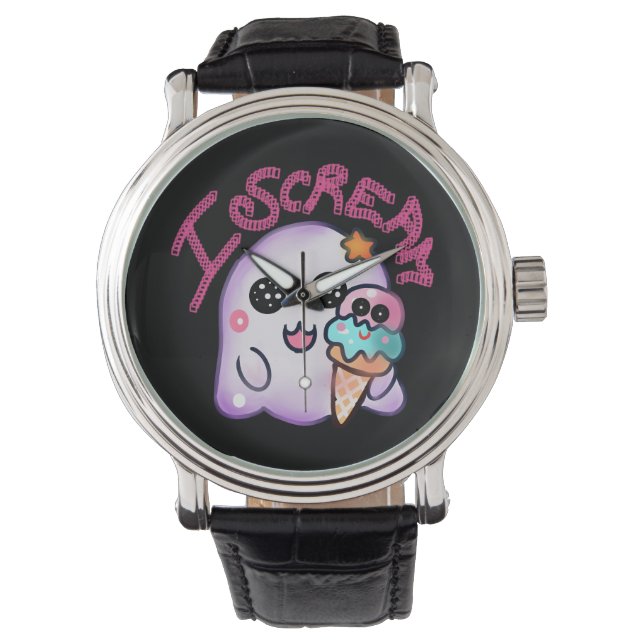 Custom "I Scream" Ghost with Ice Cream Cone Art Watch (Front)