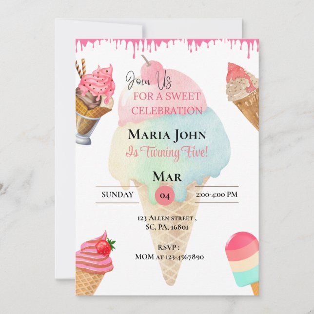Custom Ice Cream Birthday Party Invitation  (Front)