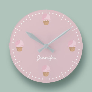 Custom Ice Cream Waffle Cone Modern Pink Kitchen Round Clock
