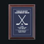 Custom ice hockey championship sports prize award plaque<br><div class="desc">Make your own custom ice hockey champion team trophy prize Award Plaque. Add your own name and text. Official looking plaque with puck and sticks logo design. Navy blue or custom color background. Present to tournament players, world's greatest coach, team boss, club instructor, school trainer, mvp, soccer mom, dad, co...</div>