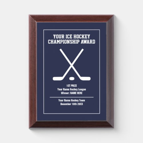 Custom ice hockey championship sports prize award plaque