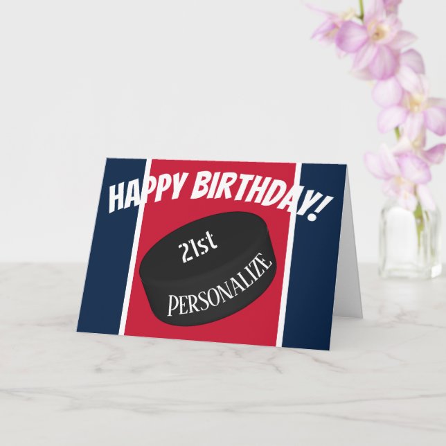 Custom Ice Hockey Personalized Name Age Birthday Card (Orchid)