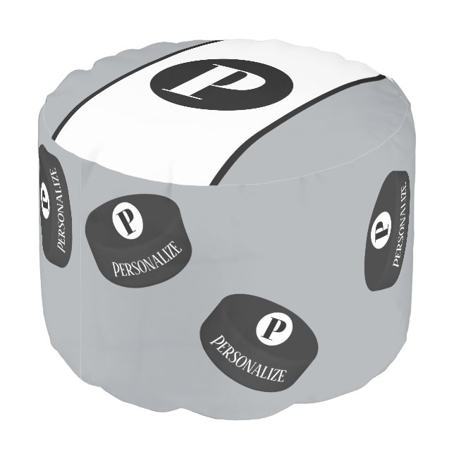 Custom Ice Hockey Puck Name Initial Monogram Pouf (Angled Back)