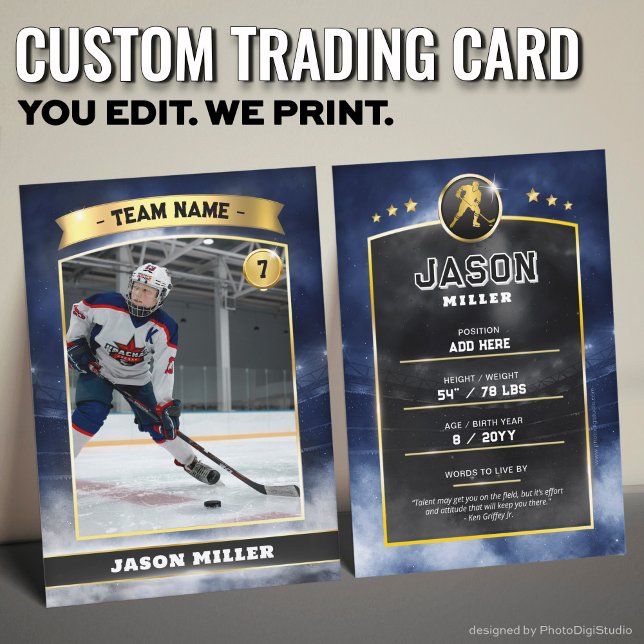 Custom Ice Hockey Trading Card, Blue Gold Stadium Calling Card (Custom Trading Card, Editable Ice Hockey Trading Card, Modern Blue Gold Stadium Design)
