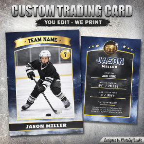 Custom Ice Hockey Trading Card, Blue Gold Stadium Calling Card