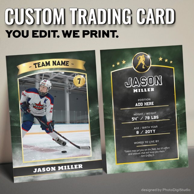 Custom Ice Hockey Trading Card, Green Gold Stadium Calling Card (Custom Trading Card, Editable Ice Hockey Trading Card, Modern Green Gold Stadium Design)