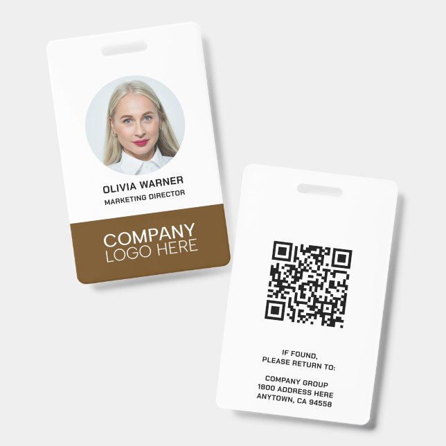Custom ID Employee Photo QR CODE LOGO BROWN Badge (Front & Back)