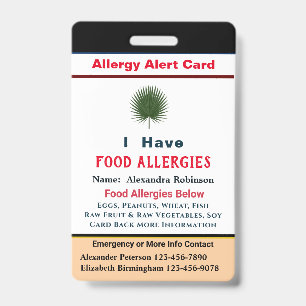 Custom ID Identification Allergies Alert Card Badge