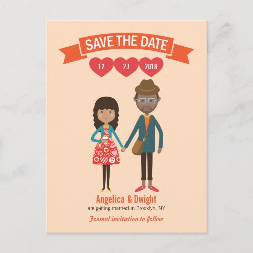 Custom Illustrated Cartoon Couple Portrait Wedding Announcement Postcard