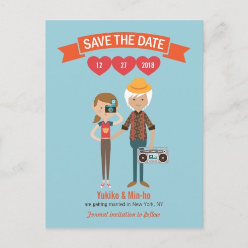 Custom Illustrated Cartoon Couple Portrait Wedding Announcement Postcard