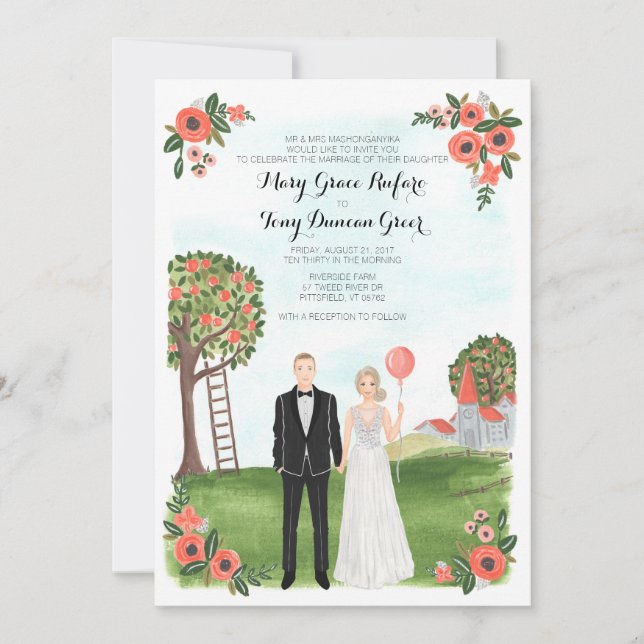 Custom Illustrated Couple Portrait Farm Wedding Invitation (Front)