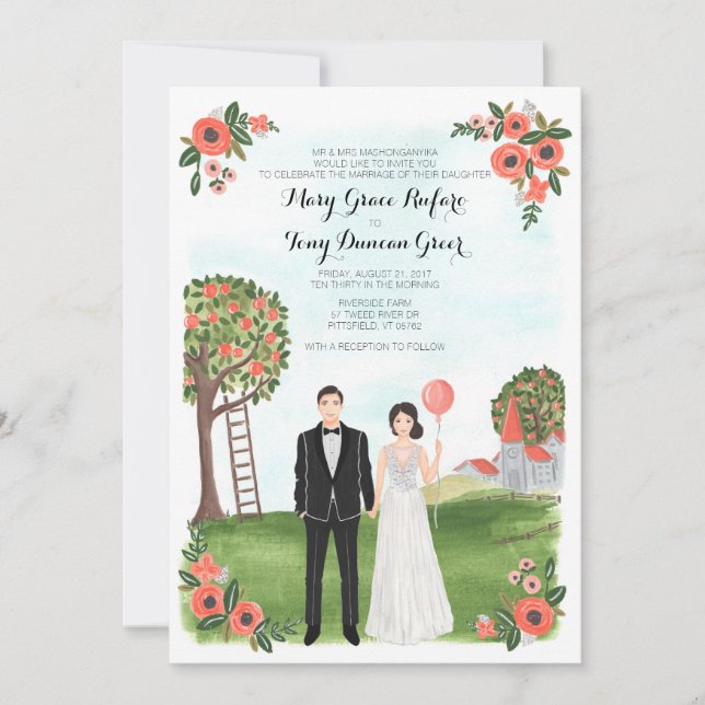 Custom Illustrated Couple Portrait Farm Wedding Invitation (Front)